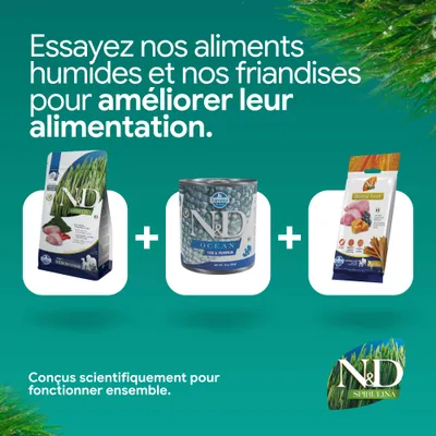 N&D Spirulina aliment sec, N&D Ocean aliment humide et N&D Dental Treats. Développés scientifiquement pour améliorer ensemble la nutrition.