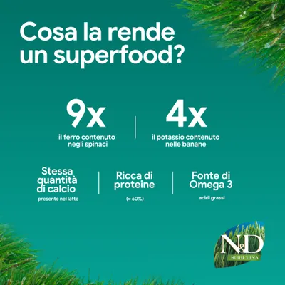 N&D Spirulina: 9 volte più ferro degli spinaci, 4 volte più potassio delle banane, la stessa quantità di calcio del latte, ricca di proteine (ca. 60%), fonte di acidi grassi omega 3. N&D Spirulina: 9 volte più ferro degli spinaci, 4 volte più potassio delle banane, la stessa quantità di calcio del latte, ricca di proteine (ca. 60%), fonte di acidi grassi omega 3.