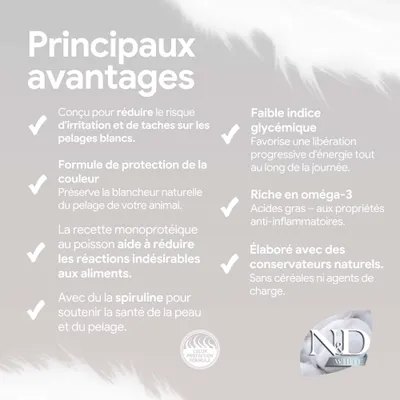 Principaux avantages : réduit le risque d'irritations, protège la couleur du pelage, aide en cas de réactions indésirables, contient de la spiruline, indice glycémique bas, riche en oméga-3, conservateurs naturels. Principaux avantages : réduit le risque d'irritations, protège la couleur du pelage, aide en cas de réactions indésirables, contient de la spiruline, indice glycémique bas, riche en oméga-3, conservateurs naturels.