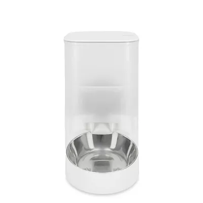 Automatischer Futterspender mit weissem Kunststoffgehäuse und Edelstahl-Futterschale, geeignet für präzise Portionierung von Tierfutter.