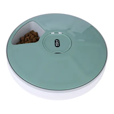 Tiaki automatic feeder with green lid and one compartment containing dry food.