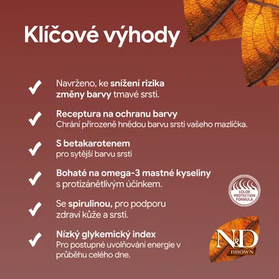Textový obrázek s výhodami: ochrana barvy srsti, betakaroten, omega-3 mastné kyseliny, spirulina, nízký glykemický index. Pečeť: Color Protection Formula. Značka: N&D Brown. Textový obrázek s výhodami: ochrana barvy srsti, betakaroten, omega-3 mastné kyseliny, spirulina, nízký glykemický index. Pečeť: Color Protection Formula. Značka: N&D Brown.
