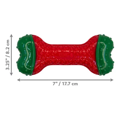 KONG legetøj i benform, rød-grøn, mål: længde 17,7 cm (7 tommer), bredde 8,2 cm (3,25 tommer).