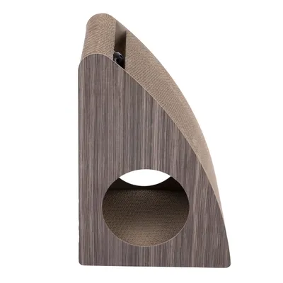 Wooden scratching furniture with curved scratching surface and round entrance. Suitable for cats to play and scratch.