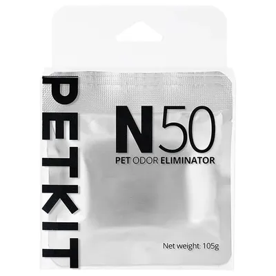 Sachet PETKIT N50 PET ODOR ELIMINATOR, poids net 105 g, texte en anglais sur l’emballage argenté.