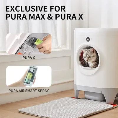 Exclusive for Pura Max and Pura X. Image shows Pura X with Pura Air Smart Spray installed and a cat in the automatic litter box.