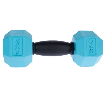 Hantel med blå vægt på 25 kg og sort greb.
