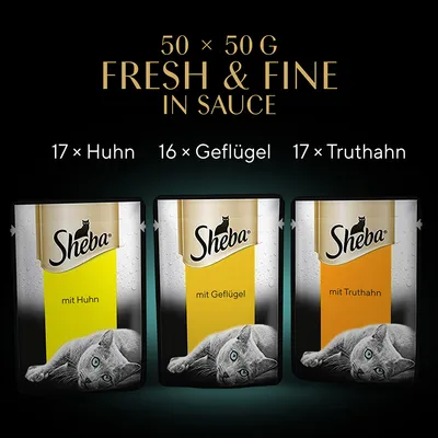 Sheba Fresh & Fine in Sauce, 50×50 г: 17× Huhn, 16× Geflügel, 17× Truthahn. На изображении три пауча: mit Huhn, mit Geflügel, mit Truthahn.
