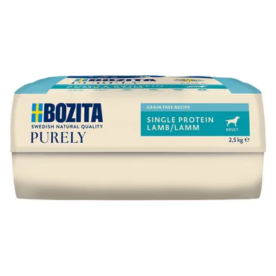 BOZITA PURELY SWEDISH NATURAL QUALITY, SINGLE PROTEIN LAMB/LAMM, GRAIN FREE RECIPE, ADULT, 2,5 kg synlig på emballagen.