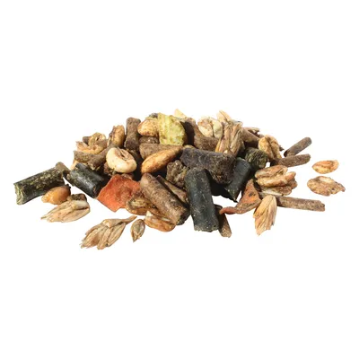 Amestec de pelete, fulgi de cereale și bucăți de legume uscate. Ingrediente vizibile: ovăz, morcovi, porumb și ierburi.