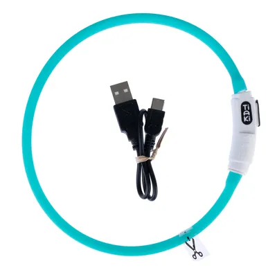 Tiaki LED-Leuchthalsband in Türkis mit USB-Ladekabel, verstellbar durch Zuschneiden.