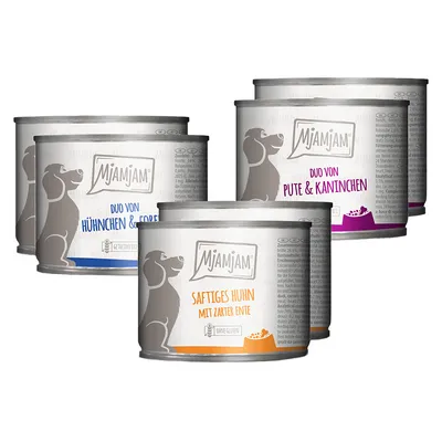 Mjamjam comida húmeda para perros: pollo jugoso con pato tierno, dúo de pollo y trucha, dúo de pavo y conejo. Sin cereales.