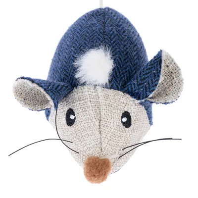 Fabric toy mouse with blue head, white ears and fur accent. Suitable for interactive play.