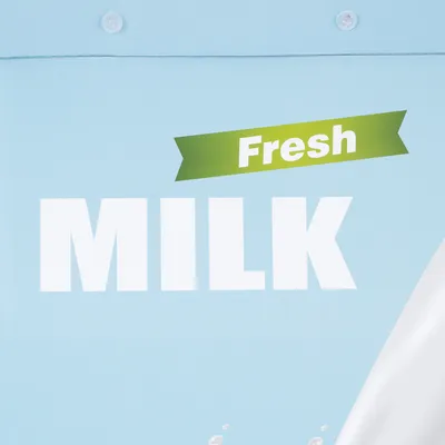 Text na modrém pozadí: Fresh Milk.