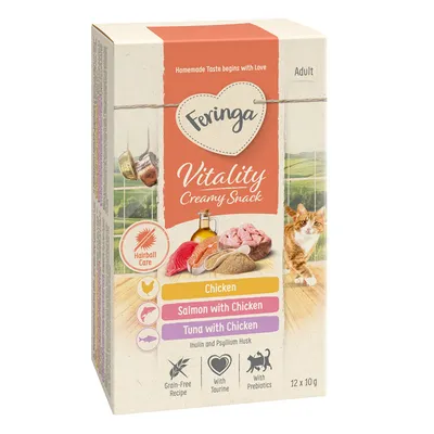 Feringa Vitality Creamy Snack für Erwachsene, Sorten: Huhn, Lachs mit Huhn, Thunfisch mit Huhn. Getreidefrei, mit Taurin und Präbiotika. Haarballenpflege, Inulin und Flohsamenschalen.
