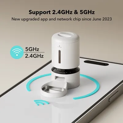 Automatický dávkovač krmiva s podporou 2,4 GHz a 5 GHz Wi-Fi, nová aplikácia a sieťový čip od júna 2023.