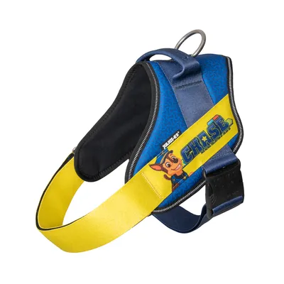 Julius-K9 dog harness in blue and yellow with Paw Patrol Chase design, adjustable strap and metal ring for attachment.