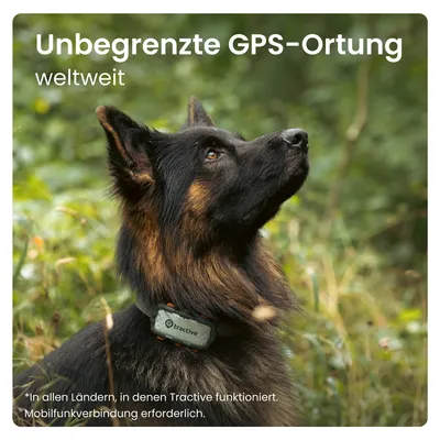 Unbegrenzte GPS-Ortung weltweit mit Tractive. Mobilfunkverbindung erforderlich, funktioniert in allen unterstützten Ländern.