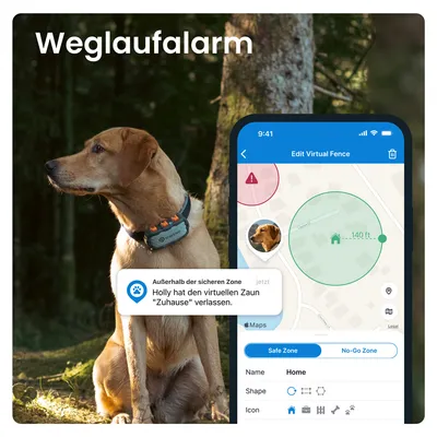 Weglaufalarm mit GPS-Tracker. Hund verlässt virtuelle Zone 'Zuhause'. Smartphone zeigt Karte mit sicherer und unsicherer Zone sowie Warnmeldung.