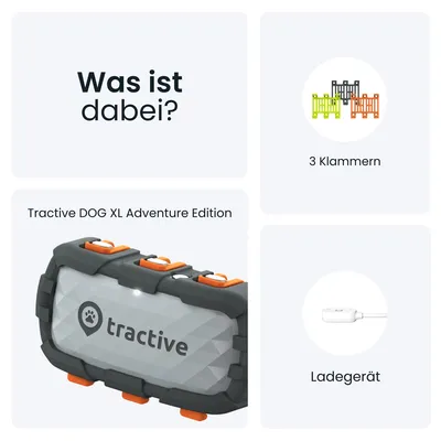 Lieferumfang: Tractive DOG XL Adventure Edition, 3 Klammern in verschiedenen Farben, Ladegerät.