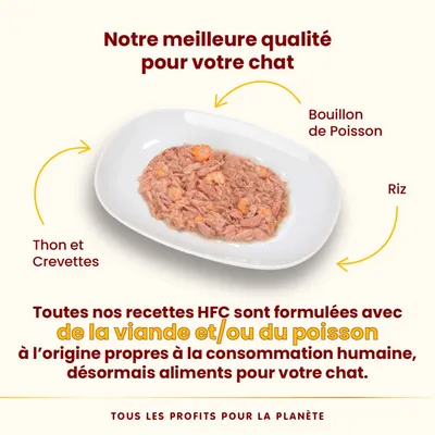 Texte : Notre meilleure qualité pour votre chat. Thon et crevettes, bouillon de poisson, riz. Recettes HFC formulées avec viande et/ou poisson propres à la consommation humaine.