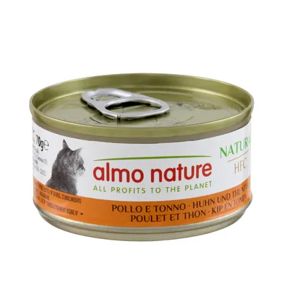 almo nature cat food tin, 70g, visible text: ALL PROFITS TO THE PLANET, POLLO E TONNO, POULET ET THON, image of a cat on label