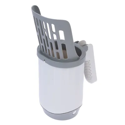 Contenedor gris y blanco con rejilla de ventilación y clip de fijación, apto para varios usos.