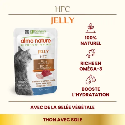 almo nature HFC Jelly thon avec sole pour chat adulte, 100 % naturel, riche en oméga-3, booste l’hydratation, avec de la gelée végétale. Texte en anglais et italien visible.