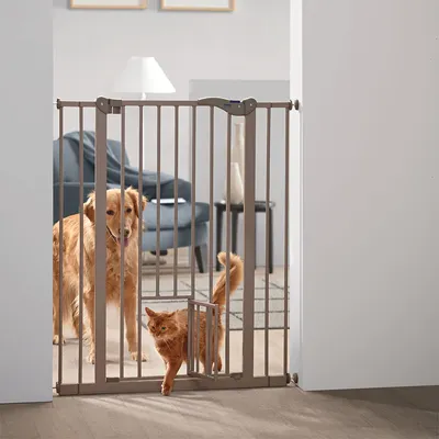 Türschutzgitter mit integrierter Katzenklappe, Hund dahinter und Katze durchgehend. Geeignet für Haustiere in Wohnräumen.