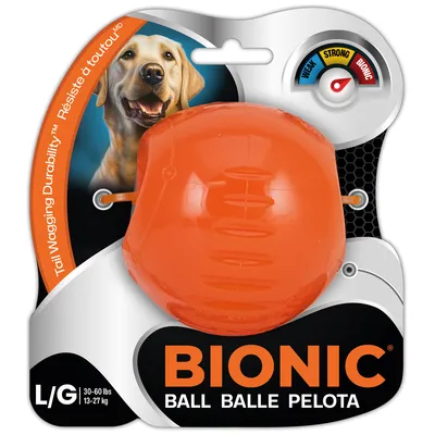 BIONIC Ball, orange, size L/G for dogs 13-27 kg. Tail Wagging Durability™. Rating scale with three criteria: Weak, Strong, Bionic.