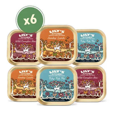Pack of 6 Lily's Kitchen trays in three varieties: Wild Campfire Stew with venison, pheasant and salmon; Sunday Lunch with chicken, potatoes and peas; Fishy Fish Pie with turkey, salmon and potatoes.