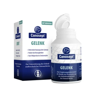 Canosept Gelenk, complemento dietético para perros. Apoya las articulaciones, favorece la movilidad, apto desde cachorro hasta senior. Envase de 80 tabletas.