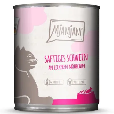 Mjamjam kattenvoer blik met tekst: Saftiges Schwein an leckeren Möhrchen, getreidefrei, viel Fleisch. Tekst in het Duits.