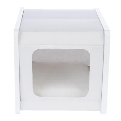 White cube structure with open entrance and padded interior, suitable as a pet hideaway or sleeping place.