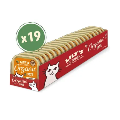 Pack of 19 organic chicken paté trays, each 85g, displayed in a red box with 'Organic Paté' and a cat illustration visible on the packaging.