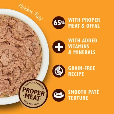 Chicken paté with 65% proper meat and offal, added vitamins and minerals, grain-free recipe, smooth paté texture, freshly prepared proper meat, never meat meal.