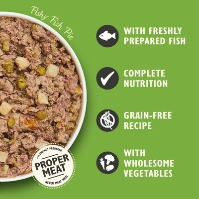 Fishy Fish Pie with freshly prepared fish, complete nutrition, grain-free recipe, and wholesome vegetables. Label states 'Proper Meat, never meat meal'.