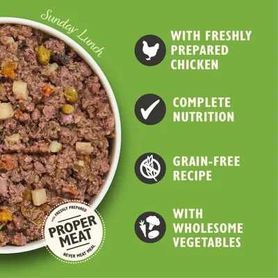 Bowl of food with text: with freshly prepared chicken, complete nutrition, grain-free recipe, with wholesome vegetables. Badge reads: proper meat, never meat meal.