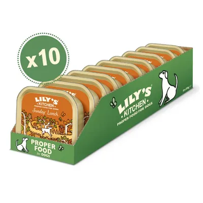 Pack of 10 Lily's Kitchen Sunday Lunch trays, labelled as proper food for dogs. Trays are displayed in a green box with product name and quantity clearly shown.