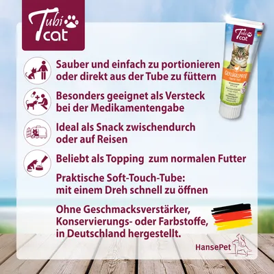 TubiCat Geflügelpastete. Einfach zu portionieren, ideal als Snack oder Topping, geeignet für Medikamentengabe. Ohne Geschmacksverstärker, Konservierungsstoffe, hergestellt in Deutschland.