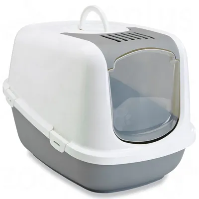 Kattenbak met kap, kunststof, wit-grijs, doorzichtige klapdeur, handvat bovenop en ventilatierooster zichtbaar.