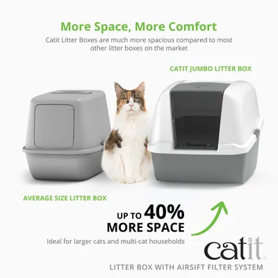 Vergelijking tussen Catit Jumbo kattenbak en een gemiddelde kattenbak. Tot 40% meer ruimte, ideaal voor grotere katten en huishoudens met meerdere katten. Catit met Airsift-filter. Vergelijking tussen Catit Jumbo kattenbak en een gemiddelde kattenbak. Tot 40% meer ruimte, ideaal voor grotere katten en huishoudens met meerdere katten. Catit met Airsift-filter.