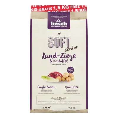 Bosch Soft Senior Land-Ziege & Kartoffel, Single Protein, Grain Free, reduziertem Energiegehalt, ab dem 7. Lebensjahr, 14 kg Packung mit 1,5 kg gratis.