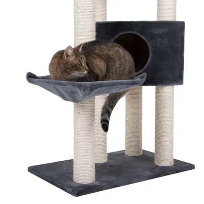 Katze liegt auf einer Hängematte an einem Kratzbaum mit Sisalstämmen und Höhle aus grauem Stoff.