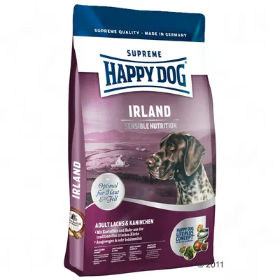 Happy Dog Supreme Irland Sensible Nutrition tørfoder til hund, Adult Lachs & Kaninchen. Tekst: Optimal für Haut & Fell, Happy Dog Life Plus Concept. Billede af hund og ingredienser.