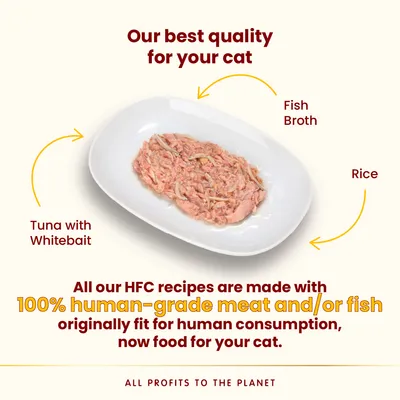 Tuna with whitebait, fish broth and rice on a plate. Text: Our best quality for your cat. 100% human-grade meat and/or fish, originally fit for human consumption, now food for your cat.
