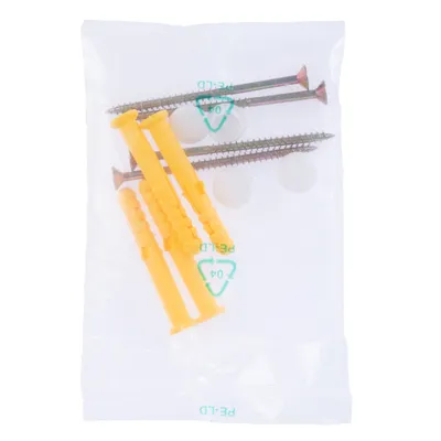 Set di tasselli gialli, viti argentate e coperture bianche in confezione trasparente in plastica.