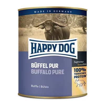 HAPPY DOG BÜFFEL PUR BUFFALO PURE tin, Supreme Sensible, 100% tierisches protein, Made in Germany. Image of a buffalo on the label. Text also in French and Spanish: Buffle, Búfalo.
