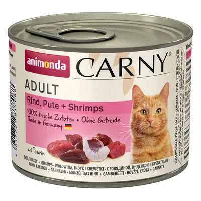 Animonda Carny Adult hovädzie, moriak a krevety. 100% čerstvé suroviny, bez obilnín, vyrobené v Nemecku. S taurínom.