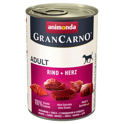 Консерва Animonda GranCarno Adult Rind + Herz. Видими текстове: 100% frische Zutaten, ohne Getreide ohne Gluten, Made in Germany, говеждо и сърце. Изображения на месо.